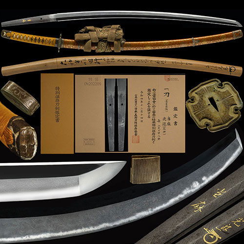 当麻 浅野家伝来 違い鷹の羽紋散金梨子地太刀拵付 本阿弥光遜金象嵌鞘書 働き豊かで地刃冴える傑作 二尺二寸八分