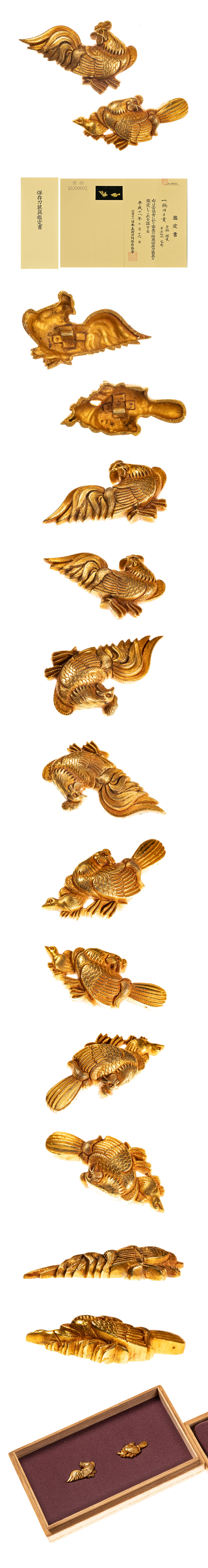 程乗 鳥図金無垢目貫 保存刀装具 