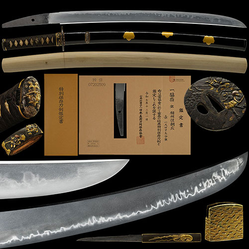 相州住綱広 慶長頃 黒蝋色塗鞘拵付 美しい地鉄に乱れ映り立ち華やかに乱れ金筋砂流し頻りに掛る名品 一尺四寸九分